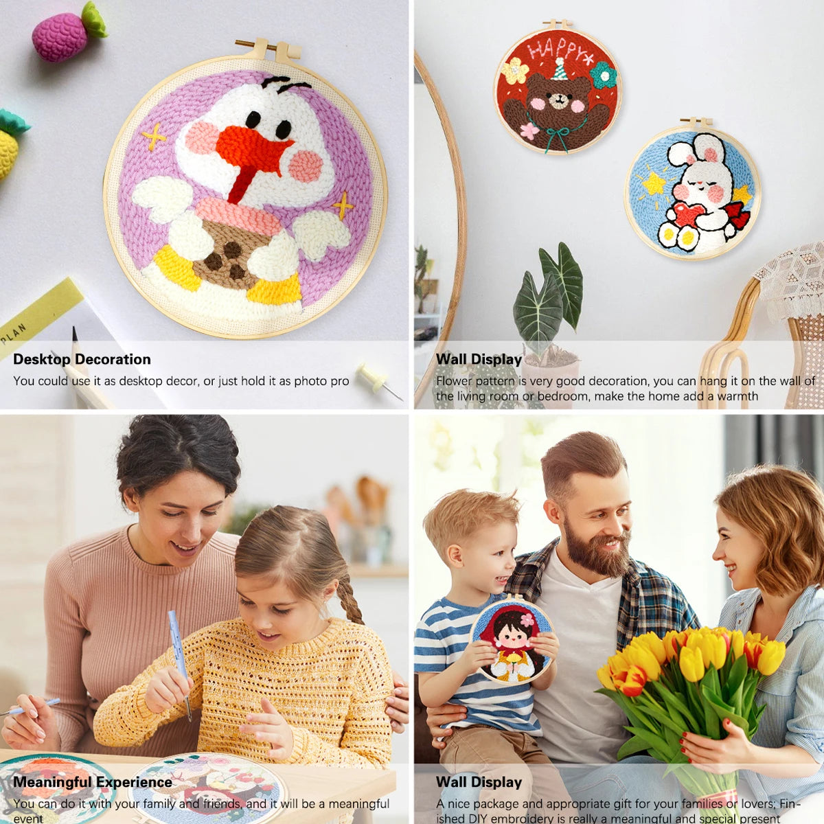 CHENISTORY Diy Punch Needle Embroidery Starter Kits For Beginner Cartoon Cute Animals Poking Embroidery Yarn Painting Arts