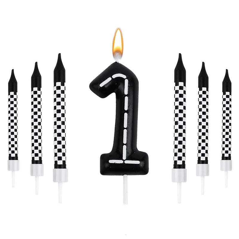 7Pcs/set Racing Cars Birthday Number Candles Black White Checkered Themed Cake Topper Kids Boys Birthday Party Decoration Favors