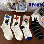 4 Pairs  Cute Socks with Personality Polka Dots Cat Korean-style INS Stacked Socks for All Seasons Student Mid-calf Socks