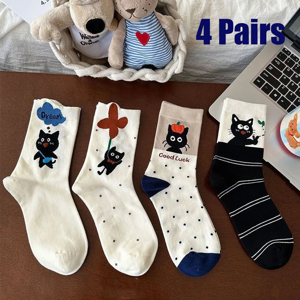 4 Pairs  Cute Socks with Personality Polka Dots Cat Korean-style INS Stacked Socks for All Seasons Student Mid-calf Socks