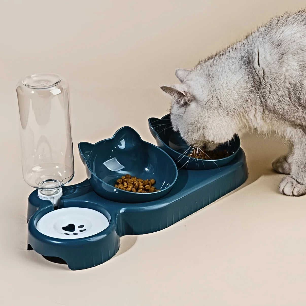 3-in-1 Cat Food & Water Bowl Set with Gravity Water Feeder