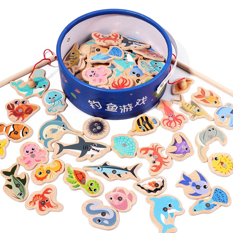 Montessori Wooden Magnetic Fishing Toys Marine Life Cognition Fish Games Early Educational Toy for Kids Parent-child Interactive