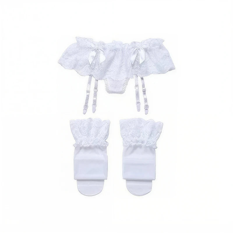 Women Lace Garter Belt And Stockings Set Jacquard Suspenders Panty Satin Bow Mini Skirt Hosiery Mesh Lingerie Pantyhose Womens