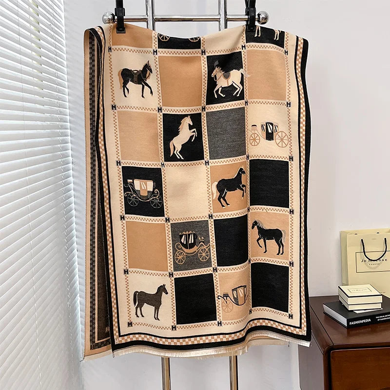 Luxury Warm Poncho Cashmere Winter Women Scarf Horse Print Shawl Wraps Female Thick Pashmina Blanket Bufanda Travel Echarpe 2024