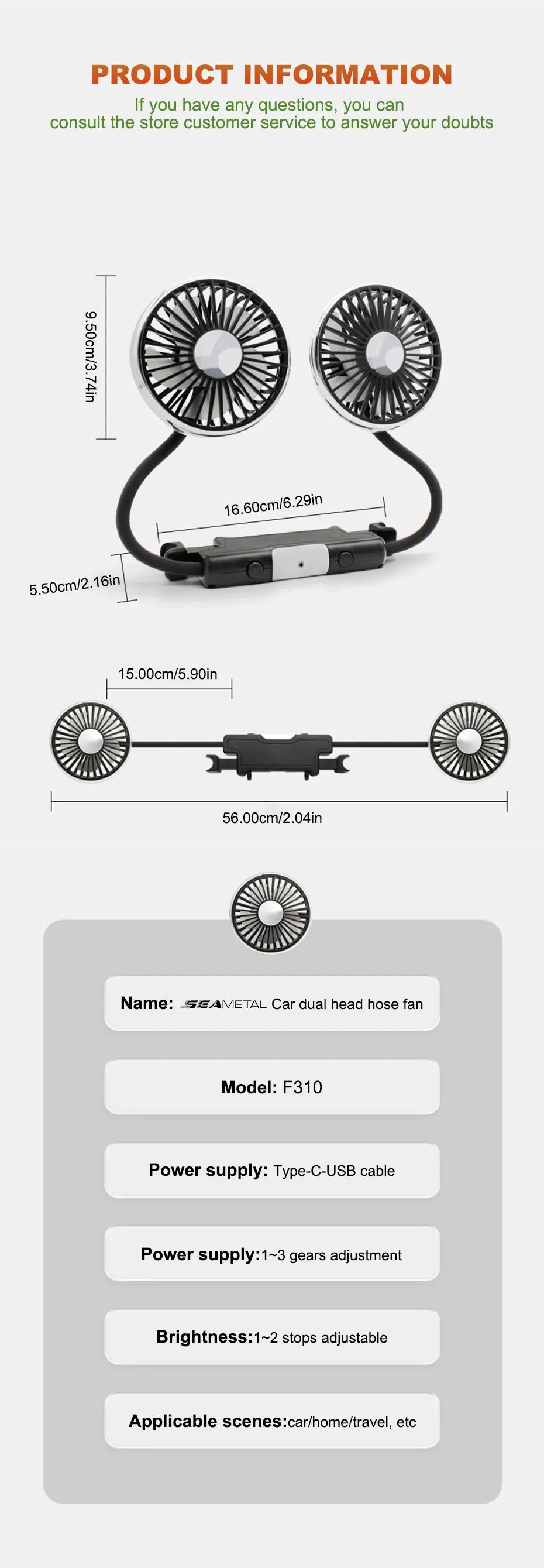SEAMETAL Car USB Fan Dual Head Cooling Air Fan Independent Switch 3-Speed 360 Degree Adjustable Auto Headrest Fan for Rear Seat