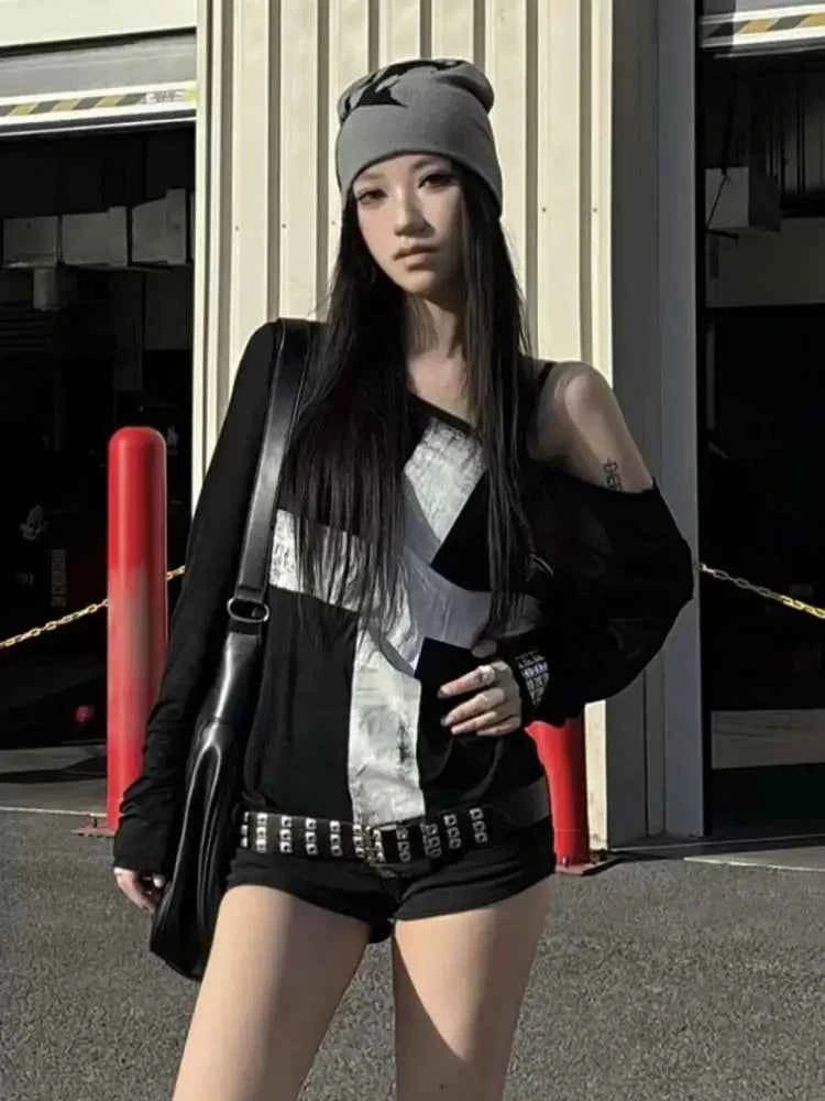 Seeslim Print Cross Graphic T Shirts Woman Long Sleeve Blck Goth Autumn Spring Tops Tees Female Clothing 2000s Clothes Y2k Chic