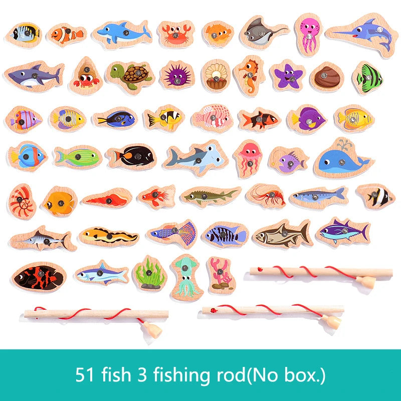 Montessori Wooden Magnetic Fishing Toys Marine Life Cognition Fish Games Early Educational Toy for Kids Parent-child Interactive
