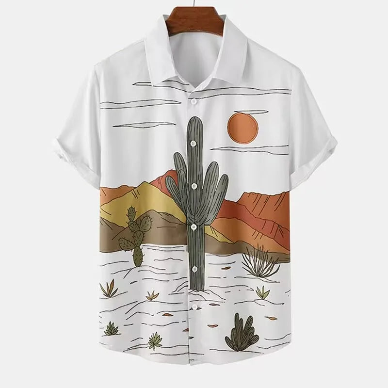 Fashion Men's Cactus Desert Printed Shirts Casual Hawaiian Beach Resort Shirt Summer Natural Landscape Vintage Printed Shirts