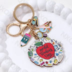 Cute Blackborad Pencil Heart Wooden Keychain Rainbow Apple Pendants Key Ring For Teachers Gift On Teacher's Day Handmade Jewelry