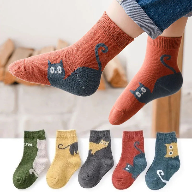 5 Pairs Kids Socks Cartoon Cat Pattern Comfortable Breathable Children Socks For Boys And Girls