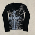 Women V Neck Long Sleeve T Shirt Gothic Cross Graphic Print Slim Fit Y2K Streetwear Casual Spring Fall Hot Sale Top