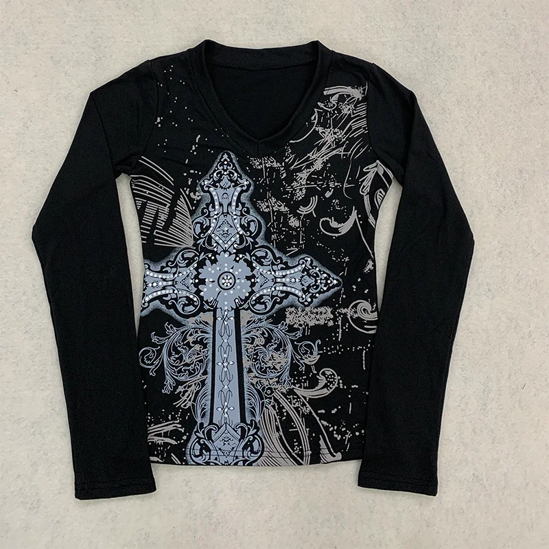 Women V Neck Long Sleeve T Shirt Gothic Cross Graphic Print Slim Fit Y2K Streetwear Casual Spring Fall Hot Sale Top