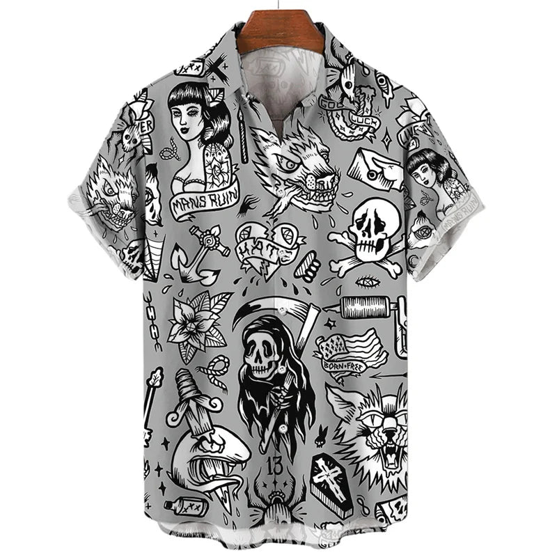 3D Print Monkey Skeleton Scissors Shirts Men Animal Patterns Button Shirt Summer Hawaii Short Sleeves Casual Loose Aloha Shirts