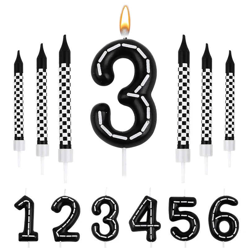 7Pcs/set Racing Cars Birthday Number Candles Black White Checkered Themed Cake Topper Kids Boys Birthday Party Decoration Favors