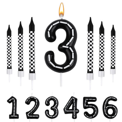 7Pcs/set Racing Cars Birthday Number Candles Black White Checkered Themed Cake Topper Kids Boys Birthday Party Decoration Favors
