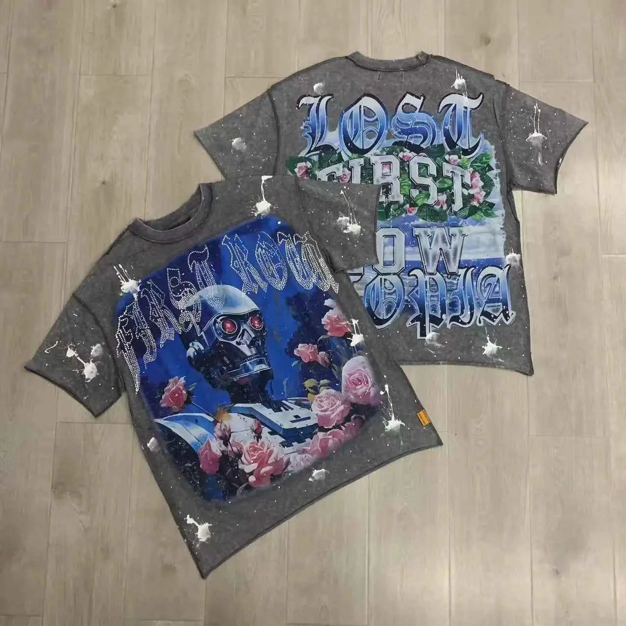 Streetwear Vintage Washed Diamond Cropped Tee for Men Crew Neck Short Sleeve Loose Cotton Rhineston Tshirts Oversized