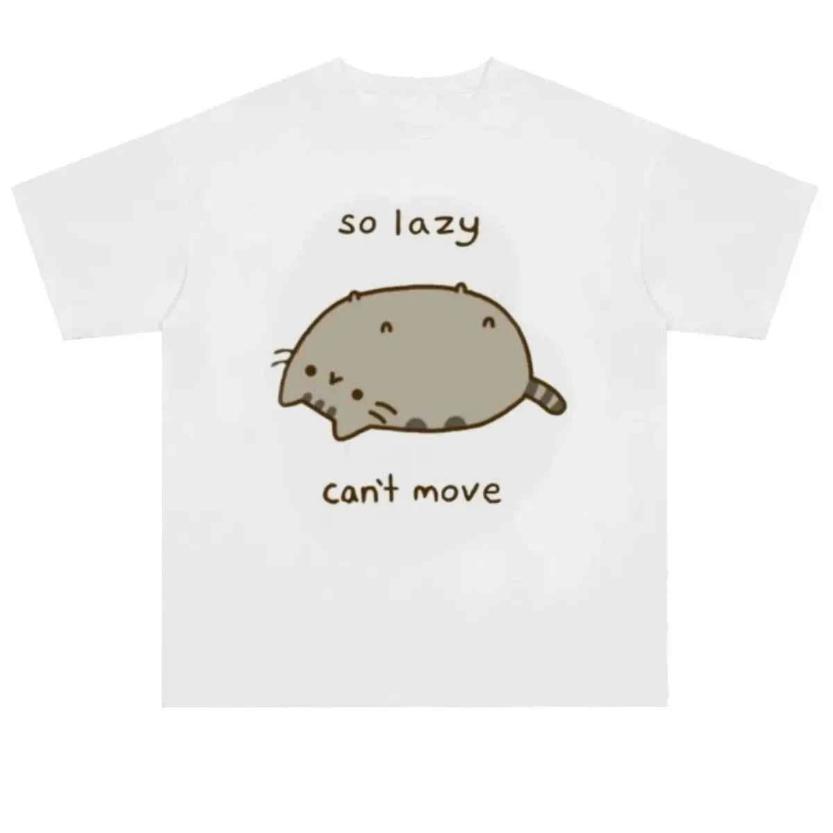 Japanese Polka Dot Cute Lazy Cat Print Loose T-shirt Aesthetics Kawaii Cartoon Tops Women's Sweet Harajuku Grunge Tees Y2k Tops