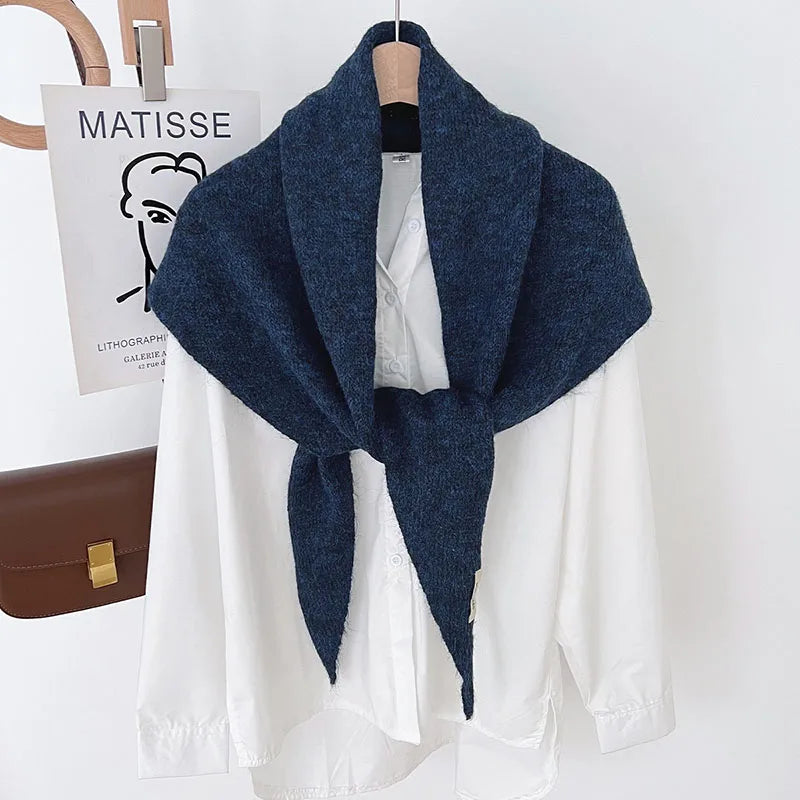 Big Size Wool Korean Style Knitted Triangular Scarf Women Winter Warm Headscarf Shawl Sold Color Neckerchief Kerchief Hijab