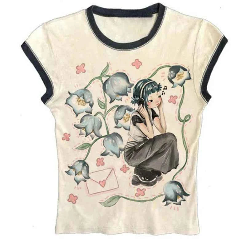 Y2K Korean Popular Clothes Emo Aesthetic Summer Baby Tee Streetwear Gothic Harajuku Graphic Print T-shirt Women Vintage Crop Top