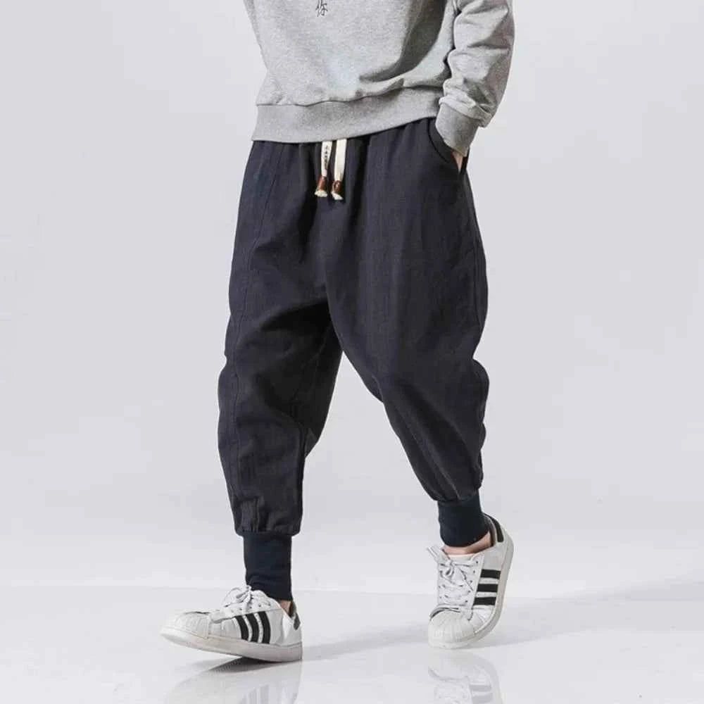 Cotton Linen Harem Pants Men Streetwear Joggers New Baggy Drop-crotch Pants Casual Trousers Men Sweatpants