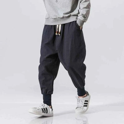 Cotton Linen Harem Pants Men Streetwear Joggers New Baggy Drop-crotch Pants Casual Trousers Men Sweatpants