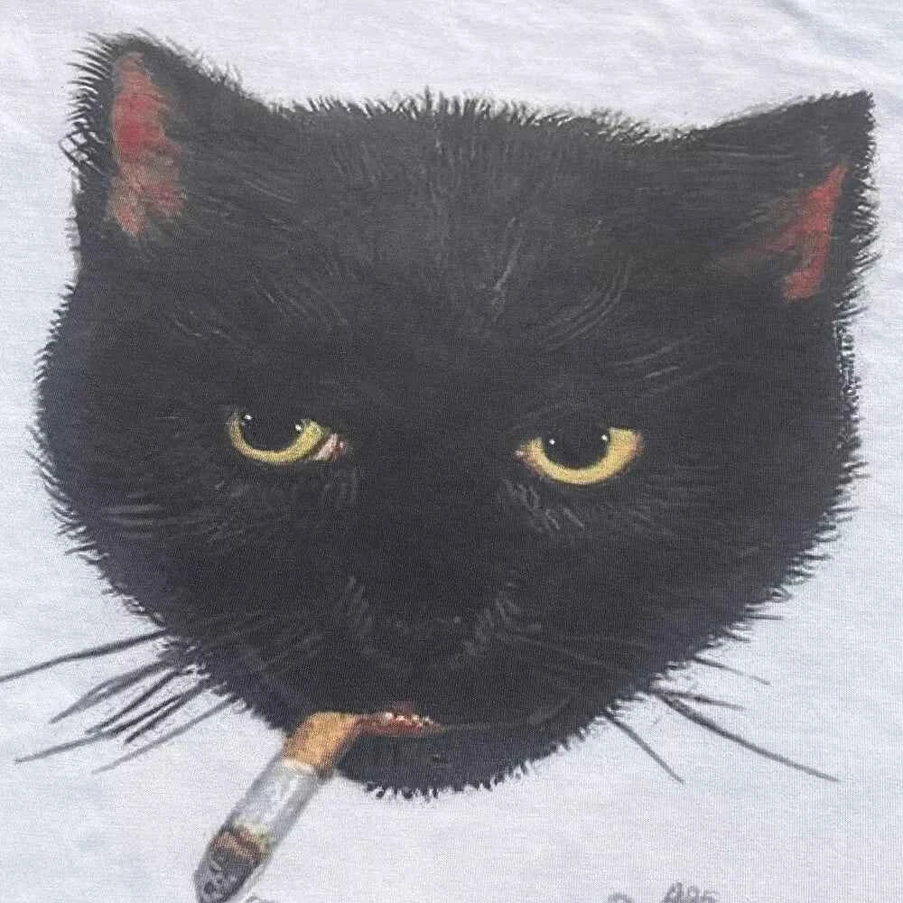 Y2k Wrinkled Cat Graphic Print Punk 90s Grunge Retro Hip Hop Style White Top T-shirt Emo Aesthetic Clothes Harajuku Y2K Top