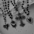 Gothic Bat Cross Dark Pendant Necklace Set, Y2K Personalized Thorn Love Black Bead Stacked Necklace Set, Suitable as Halloween G