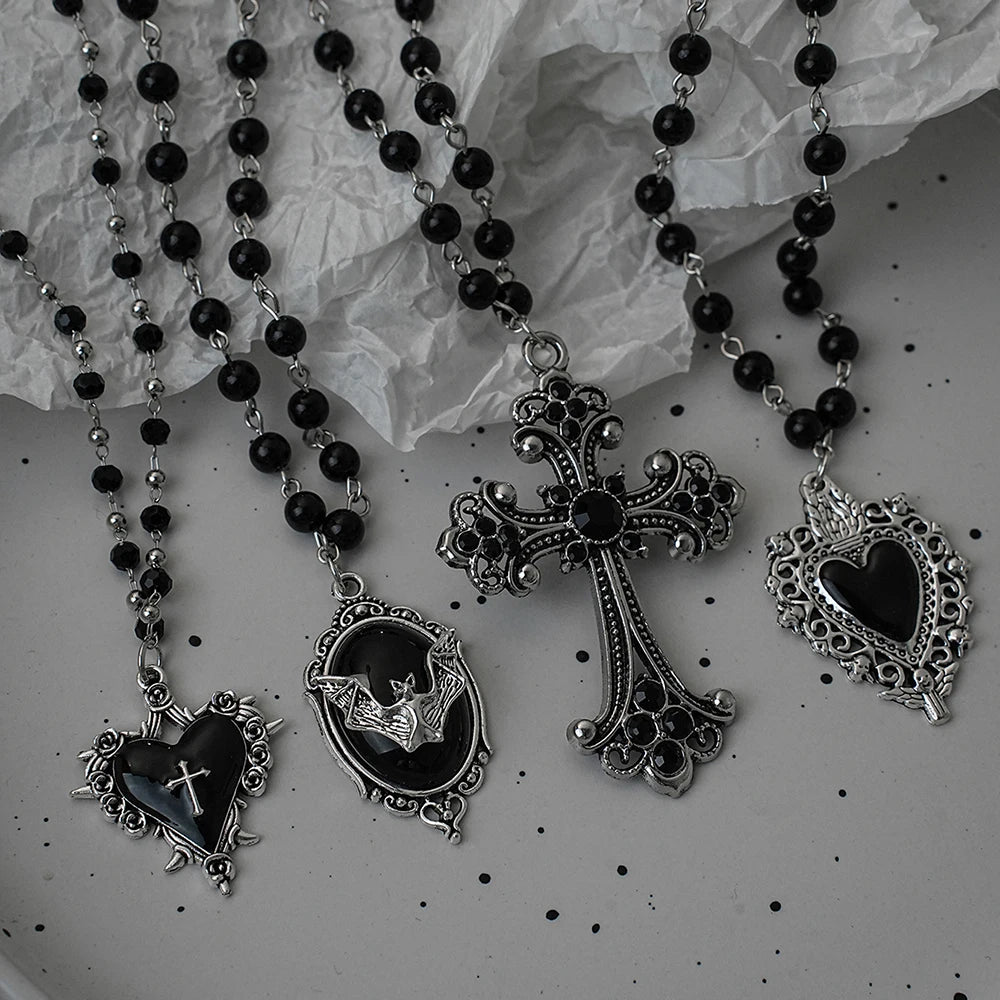 Gothic Bat Cross Dark Pendant Necklace Set, Y2K Personalized Thorn Love Black Bead Stacked Necklace Set, Suitable as Halloween G