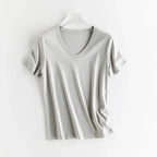 High-end New 10% Silk & Mercerized Cotton Women T-shirt Luxury Tee Short Sleeve Silky Feeling Summer Wear 2025 Tops V / O-neck