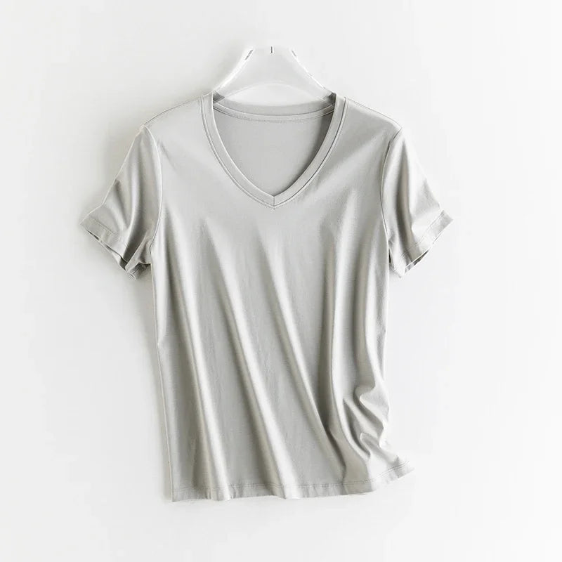 High-end New 10% Silk & Mercerized Cotton Women T-shirt Luxury Tee Short Sleeve Silky Feeling Summer Wear 2025 Tops V / O-neck
