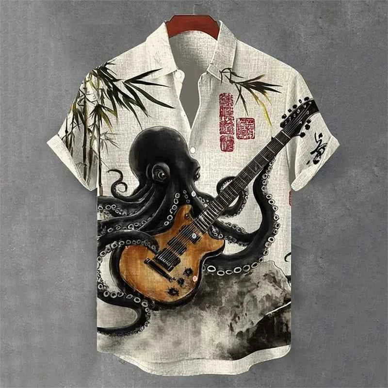 Summer Men's Short Sleeve Shirt Art Octopus Pattern 3D Printed Linen Short Sleeve Men's Shirt Casual Hawaiian Top