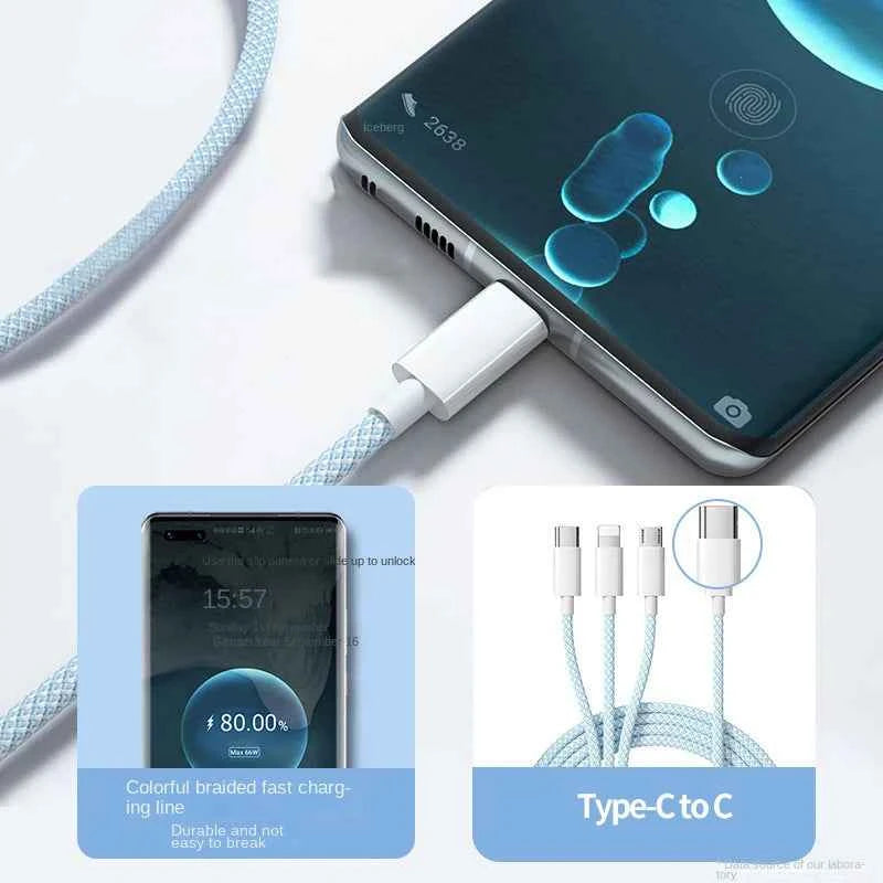 3 In 1 Fast Charging Cable 100W For Xiaomi iPhone Poco Micro USB Type C Charger Cable Cord Multiple Usb C Charging Wire Line
