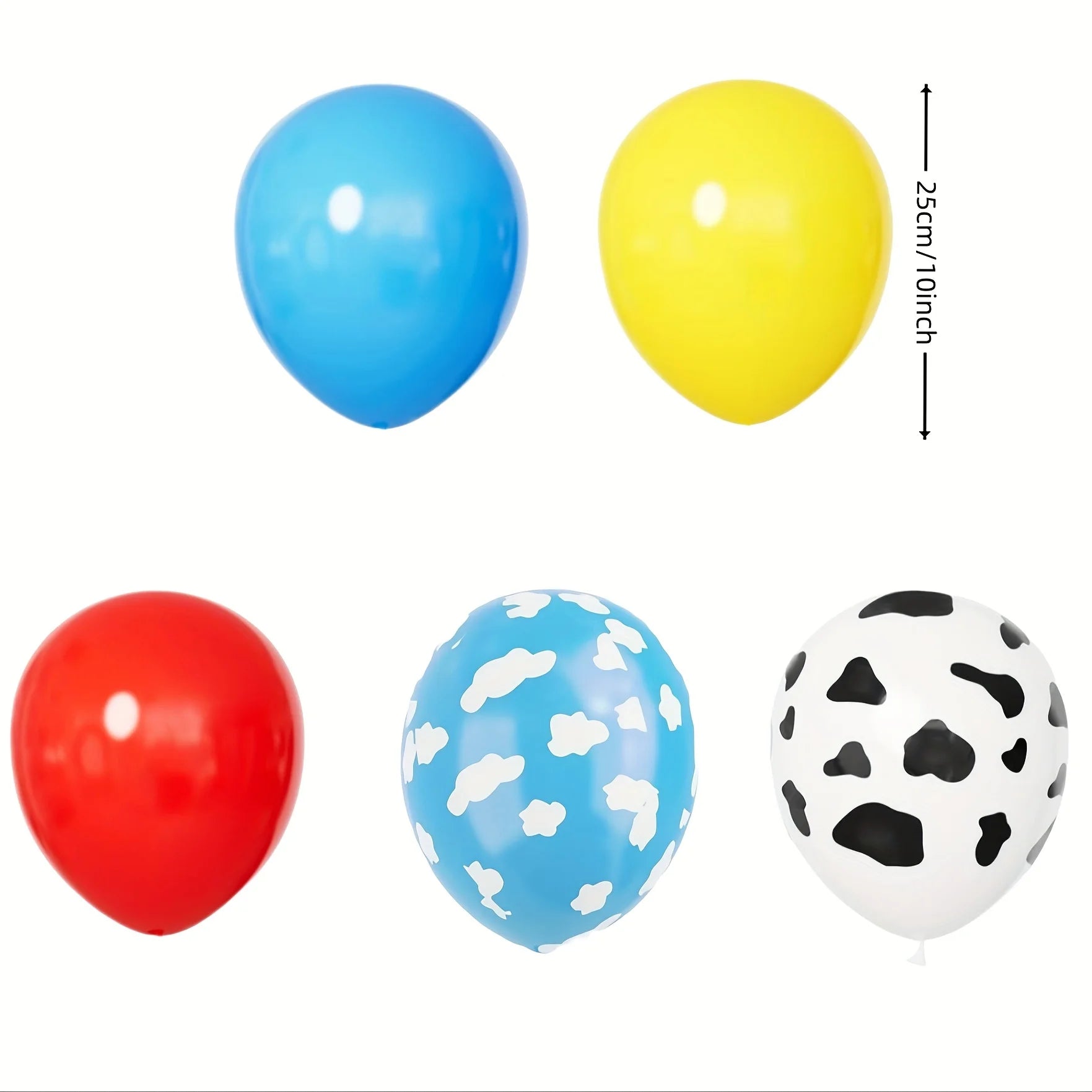 Red Yellow Blue Toy Balloons,Light Blue Cloud Cow Print Balloons for Baby's Birthday Story and Football Party Themed Decorations