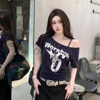 Y2k Sport Summer Off shoulder Top Women Sexy Vintage 2000s Short sleeve T shirt Lady Body Basic Crop Top Female Casual