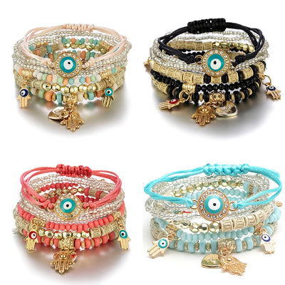6Pcs/set Bohemian Evil Eye Bracelet Set For Women Fatima Hand Heart Charm Beaded Rope Chain Bangle Female Jewelry Gift