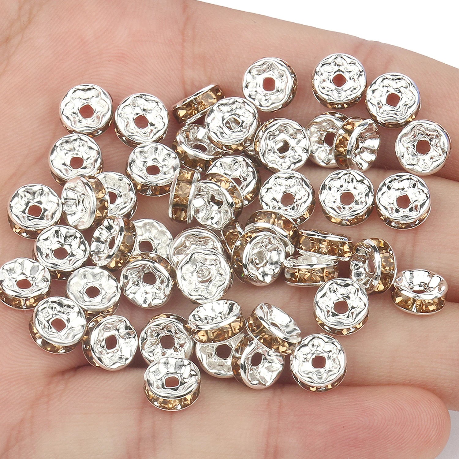 50pcs Rhinestone Spacer Beads Multi-color Crystal Metal Spacers Rondelle Beads for Jewelry Making DIY Bracelets Accessories