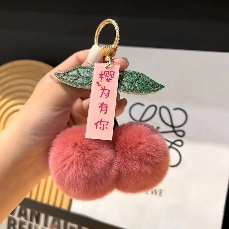 ZAKOL New Cute Fluffy Rex Rabbit Fur Ball Pompom Leaf Keychain Cherry Key Chain Handbag Car Key Chain Ring Gift