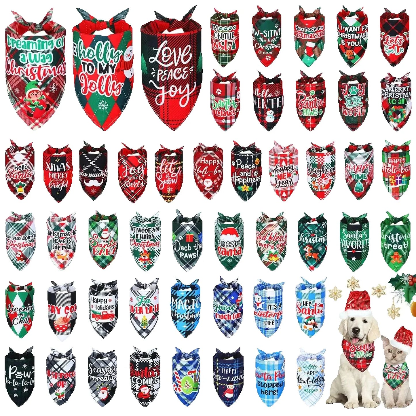 Collection of Christmas-themed pet bandanas with various designs on a white background.