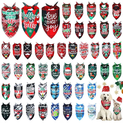 Collection of Christmas-themed pet bandanas with various designs on a white background.