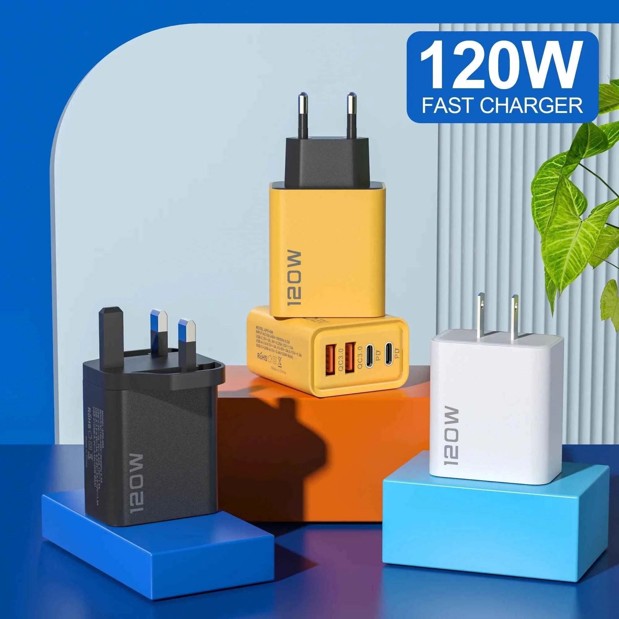 4 Ports 120W Charger USB C PD Quick Charge 3.0 Type C USB Phone Chargers Super Fast Charging Adapter For iPhone Samsung Xiaomi