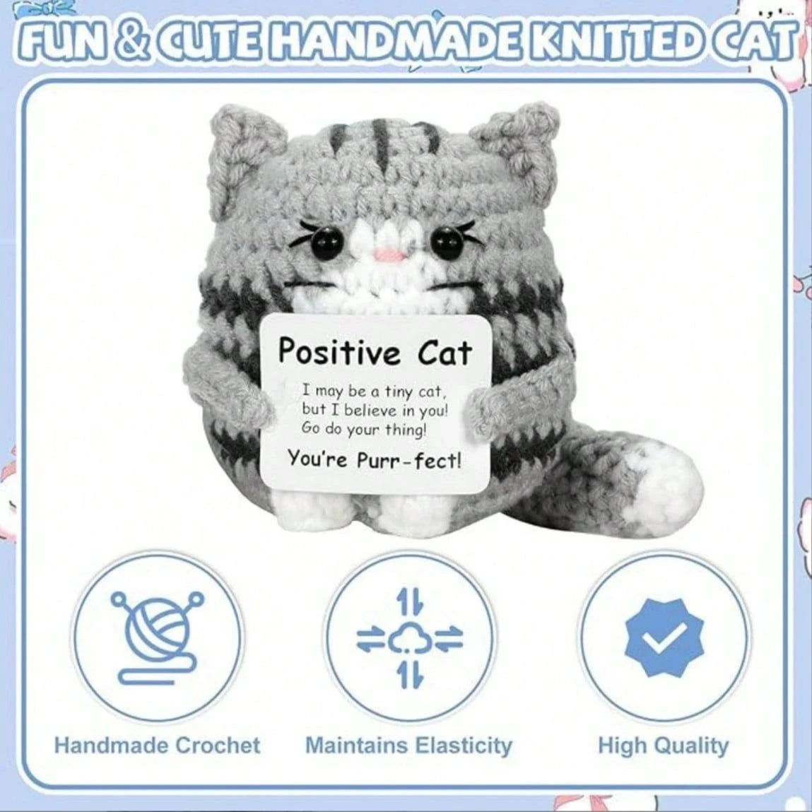Positive Crochet Cat Mini Animal Emotional Support Gift, Fun Crochet Mini Handmade Cat, Suitable for Female Male Friends Mom Daughter Son, Plush Duck Shark Penguin Decorative Ornament, Birthday Christmas Decoration Graduation