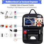 Car Seat Back Organizer with Foldable Table Tray – PU Leather Storage with Multiple Pockets & Kick Mats, Car Interior Accessories