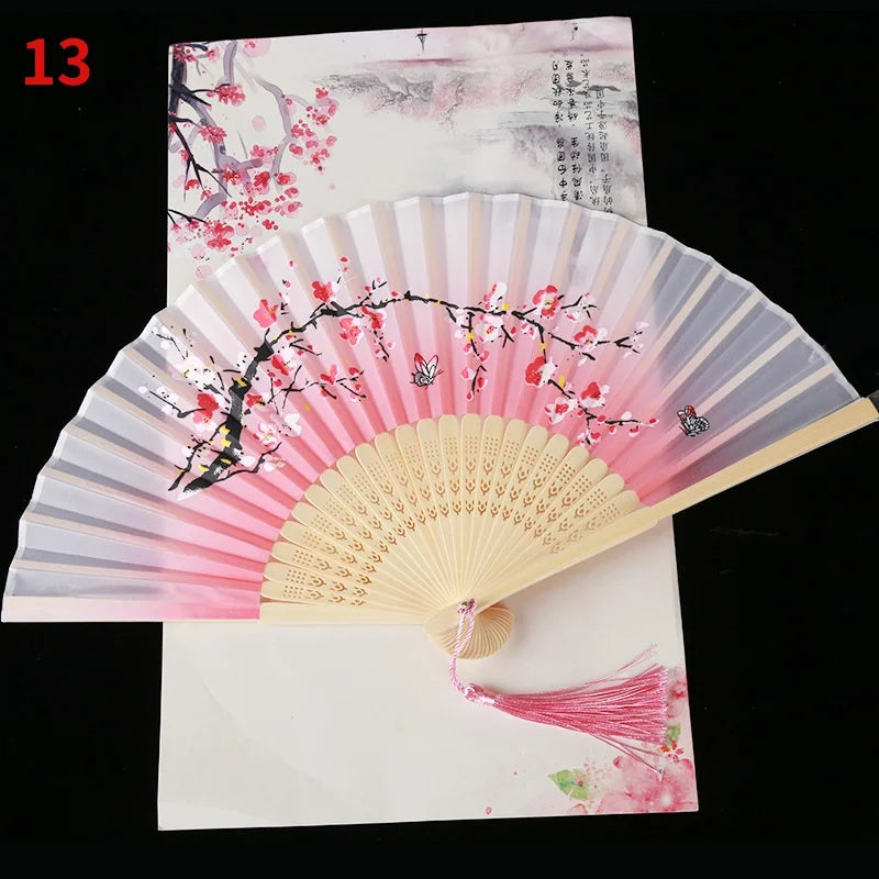 Vintage Silk Folding Fan Bamboo Tassel Decorative Hand Fan