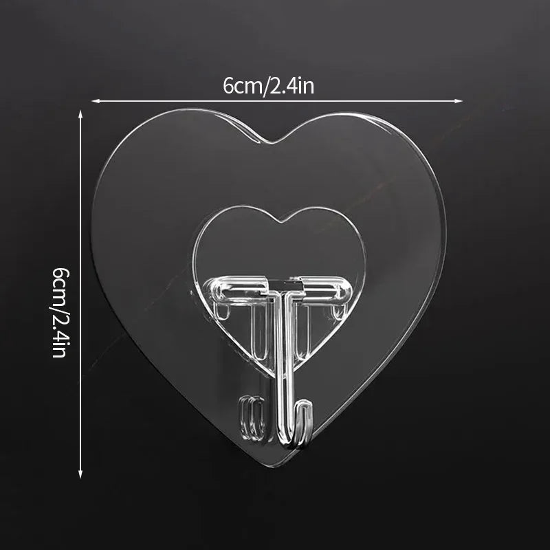 Heart Shape Transparent Hooks Non Punching Plastic Love Hangers Holder Self Adhesive Key Towel Multi-Purpose Hooks Storage Rack