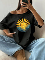 100% Cotton Plus Size Golden Sun Ocean Beach Print Shoulder Loose Print T-Shirt Oversized Y2K Style Graphic Tees Women Tops S