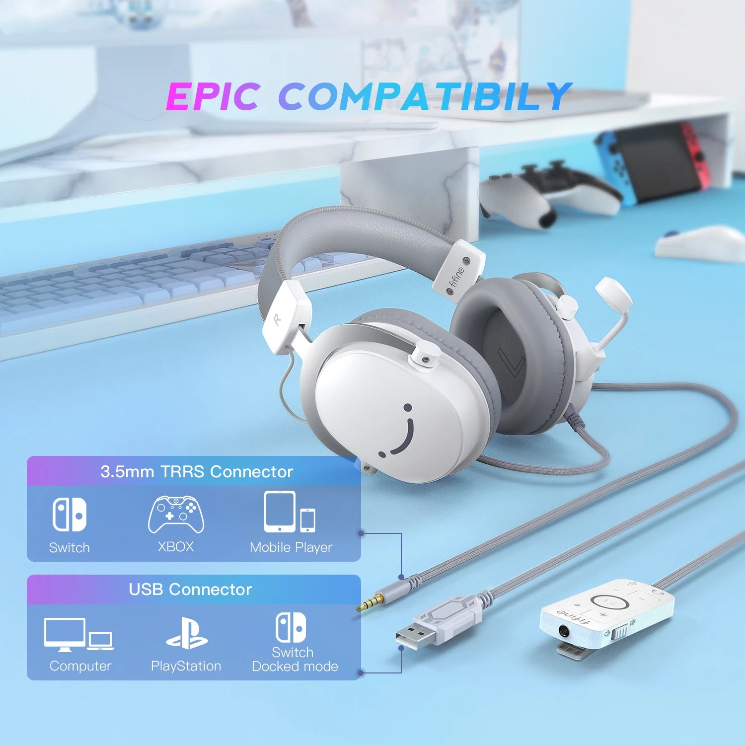 FIFINE USB Gaming Headset with 7.1 Surround Sound/3.5mm Jack/Microphone,Over-Ear Wired Headphone for PC PS4/5 Xbox Ampligame H9W