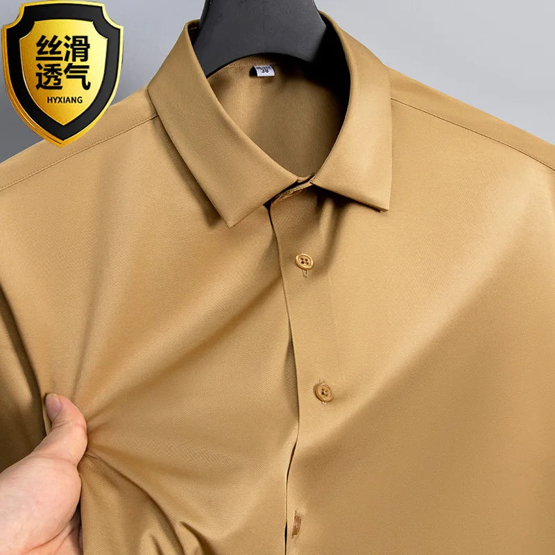 Summer shirt, men's white glossy non ironing shirt, men's wrinkle resistant ice silk casual high-end seamless business shirt