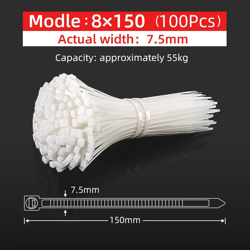 100PCS, Width 7.5mm Self-Locking Plastic Nylon Cable Tie, Plastic Bundling Cable Clip, Plastic Wire Fixing Strap, White/Black