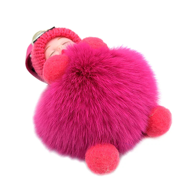 Sleeping Baby Pompom Plush Keychain Cute Fluffy Bag Charm