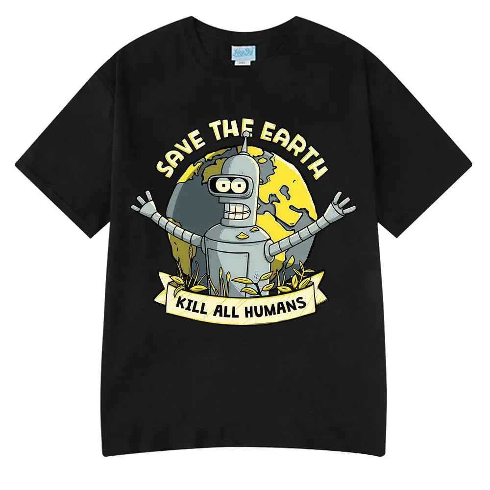 Funny Save The Planet Kill All Humans Robot Graphic Print T Shirt Men's Women Fashion Short Sleeve T-shirt Oversized Cotton Tees